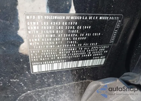 2022 Volkswagen Taos 1.5T S z USA, uszkodzony, nr VIN 3VVCX7B24NM084751